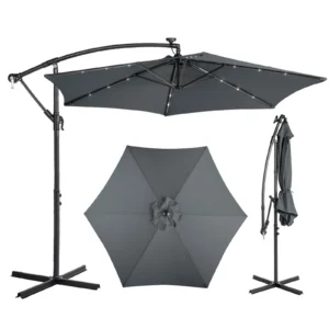 10FT Round Banana Hanging Patio Umbrella with 18 LED Lights, 6 Iron Ribs, Iron Straight & Curved Pole, Waterproof Polyester Canopy, with Stand Sleeve and Cross Base, Gray