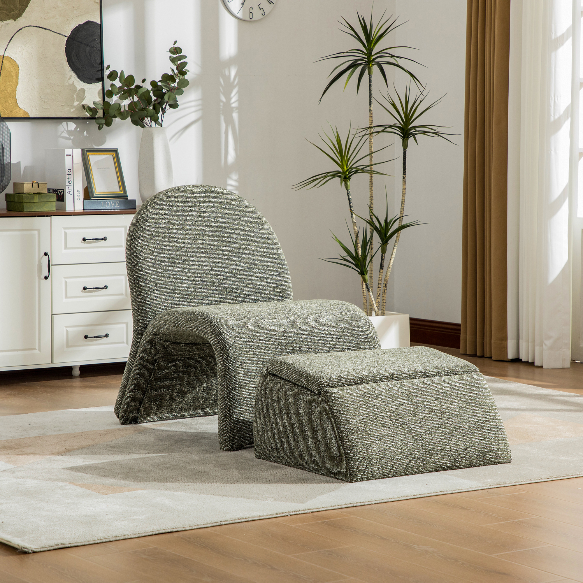 24.8 " Wide Modern Upholstered Armless Chair with Storage Ottoman, Chenille Accent Chair for Living Room,Bedroom,Office and Reading Room, Green-White