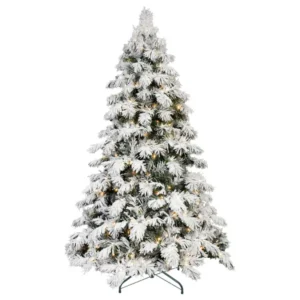 Artificial 6ft Flock LED-lit Christmas Tree With 594PE/PVC Mixed Branch Tips,Hinged Premium & Foldable Base For Indoor Holiday Decorating