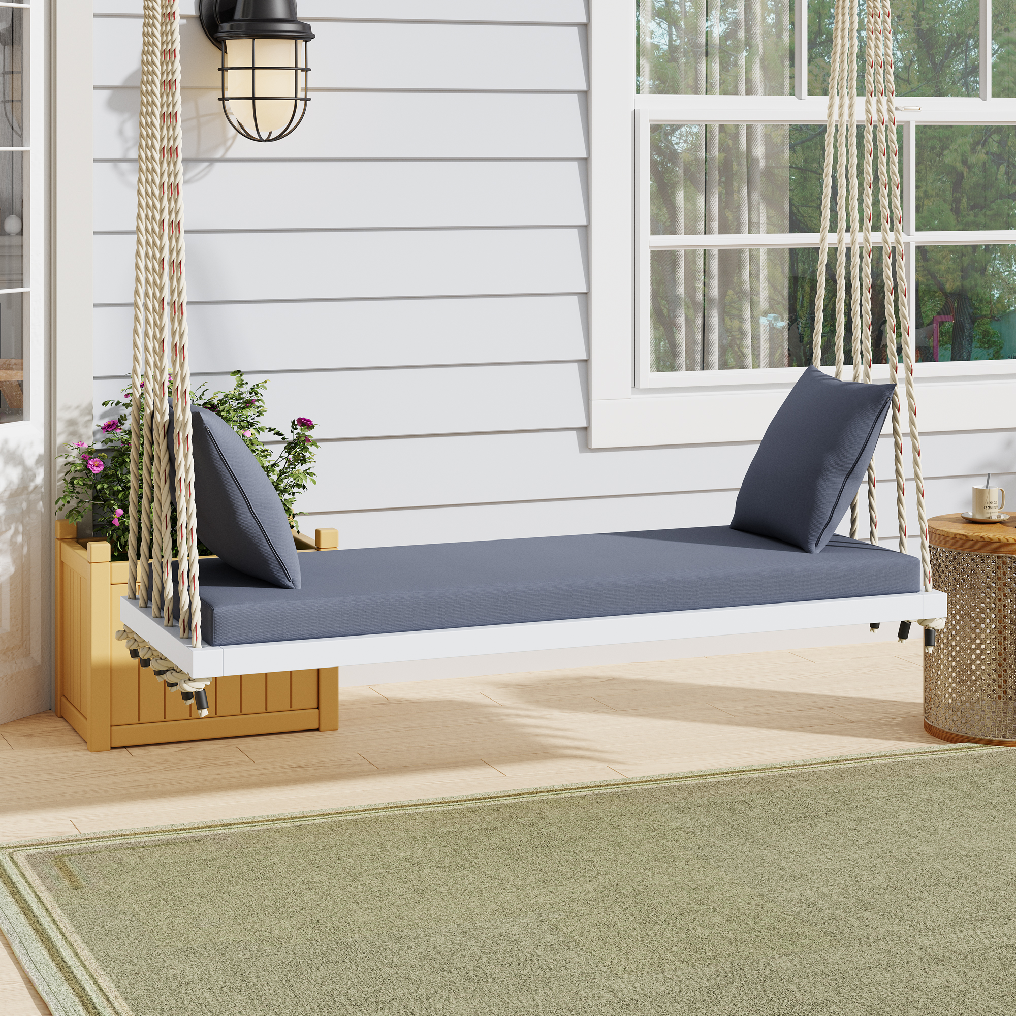 TOPMAx Patio Wooden Swing Chair Hanging Porch Swing Bench With Cushion&Pillows 10.8Ft Hemp Ropes For Garden Lawn White