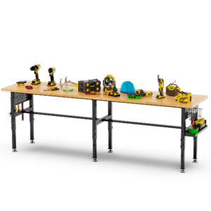 96 Adjustable Workbench With Side Pegboard, Solid Wood Top, 2000 Lbs Capacity, Adjustable Height Garage Work Table With Power Outlet, Storage Box, Wheels Or Leveling Feet