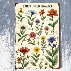 Vintage British Wild Flowers Iron Sign 8x12, Retro Floral Metal Plaque Art