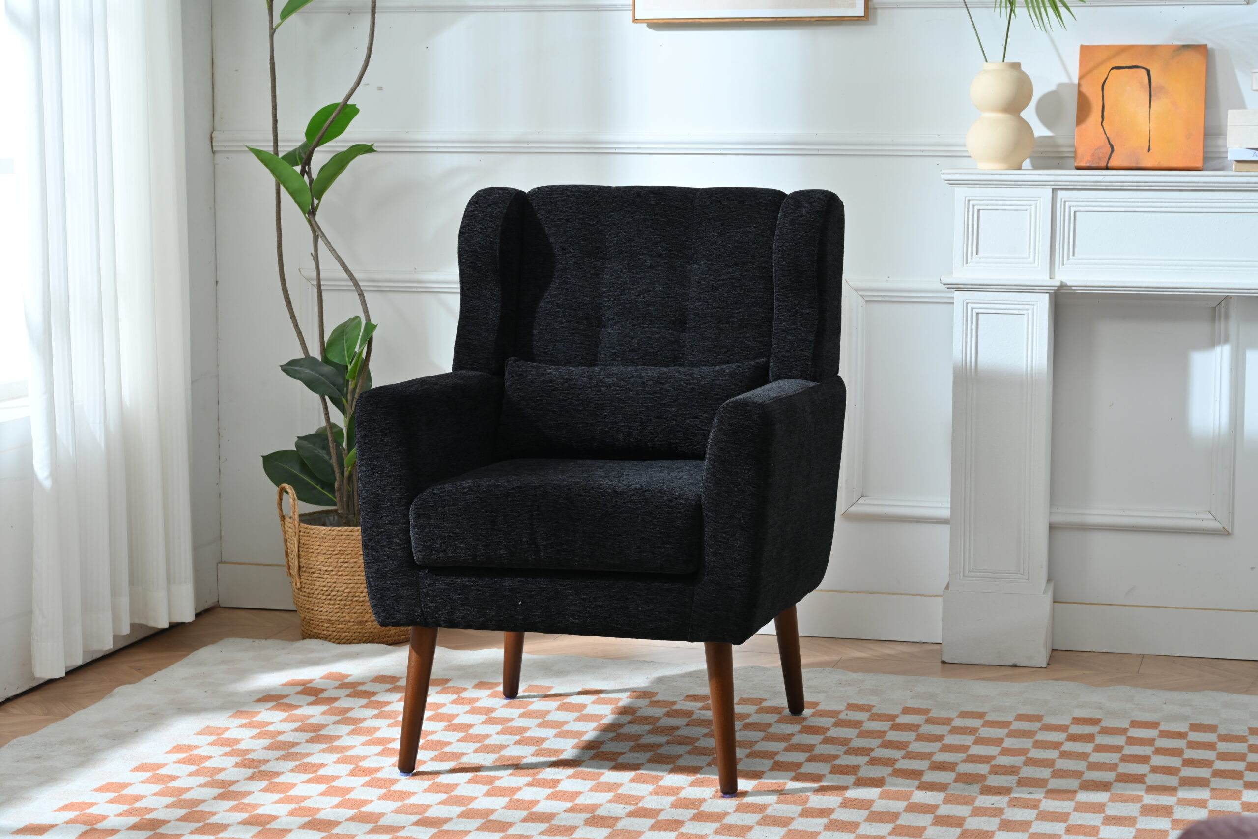 Modern Accent Chair,Chenille Living Room Lounge Chair W Throw Pillow,Comfy Reading Chair,Mid Century Living Room Chair, Lounge Arm Chairs Armchair For Living Room Bedroom Black