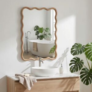 Natural Wood Color 20 X30 Wavy Rectangle Solid Wood Frame Decorative Mirror,For Bedroom, Bathroom, Living Room, Entryway