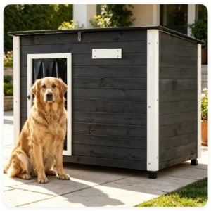 42.5" x 27" x 33.5" Outdoor Dog House with Sloped Asphalt Roof, Elevated Floor & Openable Roof Weatherproof Pet Kennel with PVC Door Curtain for Medium Large Dogs Gray