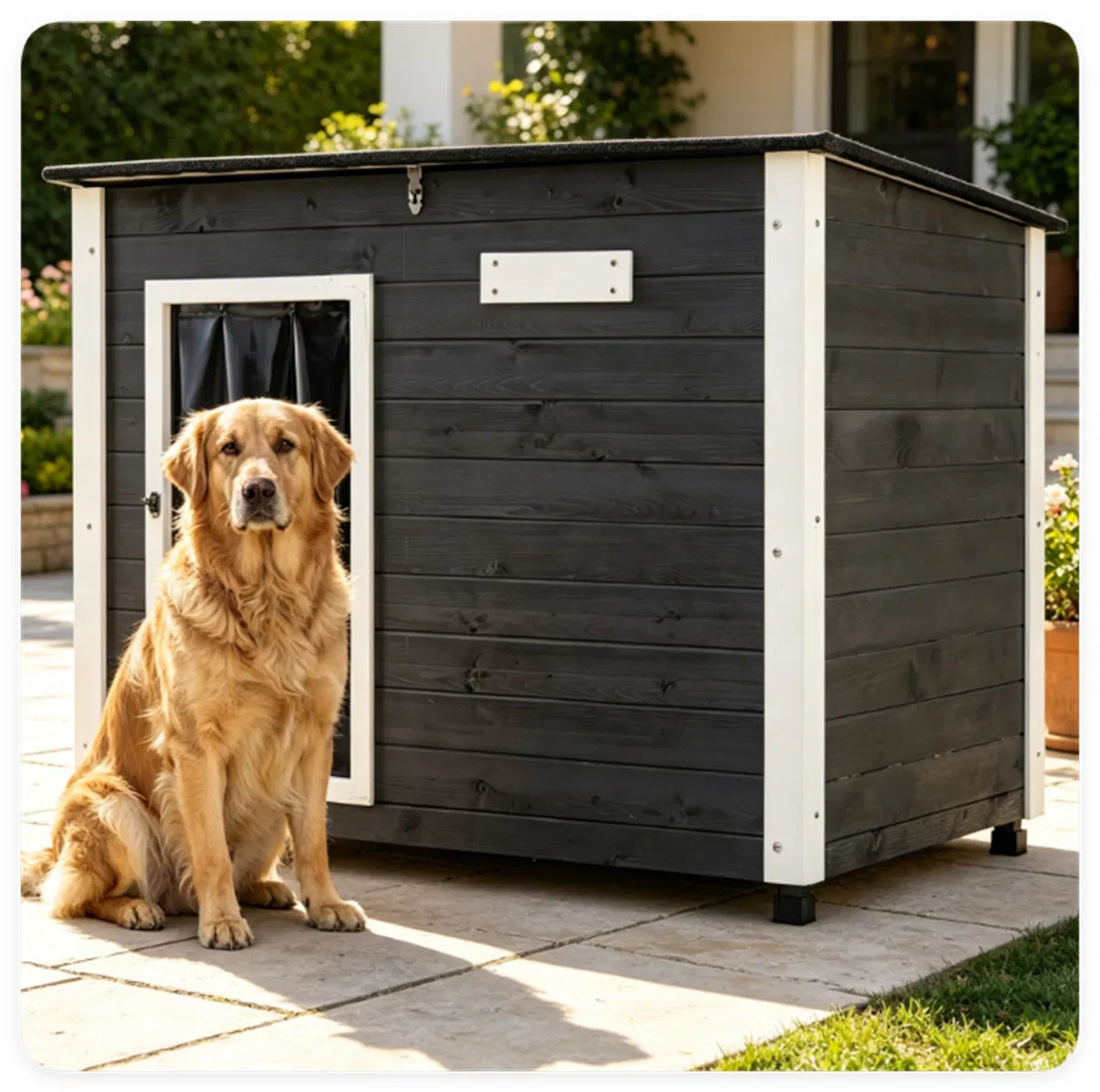 42.5" x 27" x 33.5" Outdoor Dog House with Sloped Asphalt Roof, Elevated Floor & Openable Roof Weatherproof Pet Kennel with PVC Door Curtain for Medium Large Dogs Gray