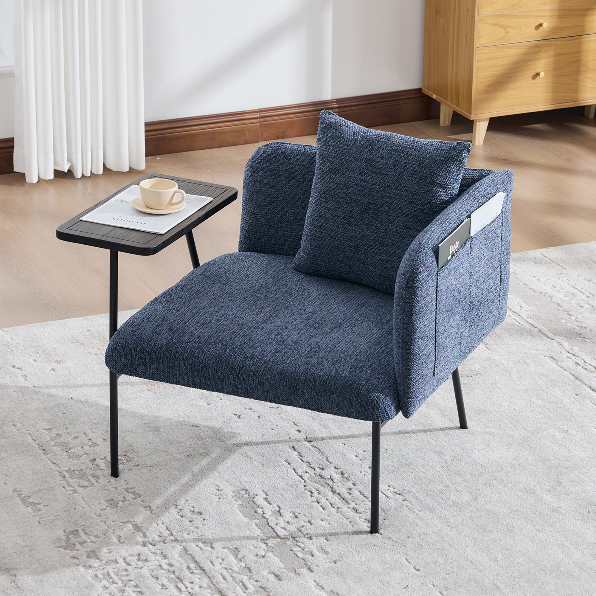 Leisure Chair, Lounge Relaxing Chair With Small Table And Back Pillow, Modern Upholstered Chairs With Metal Legs And Side Pockets , Single Sofa For Living Room Bedroom Garden