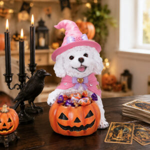 Not For Sale On Wayfair--- Halloween White Teddy Puppy Figurine, Witch Dog Holding Pumpkin Candy Bowl Decoration