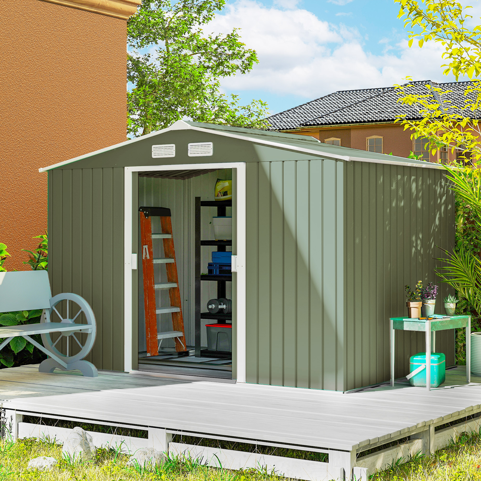 9 x 6 Outdoor Storage Shed, Garden Tool Metal Shed with Foundation Kit, Double Lockable Door, Air Vents and Sloping Roof, for Backyard, Patio, Lawn, Green