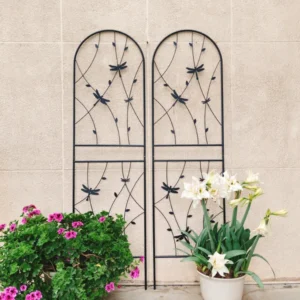 2 Pack Metal Garden Trellis 71" X 19.7" Rustproof Trellis For Climbing Plants Outdoor Flower Support Dragonfly Deco Black