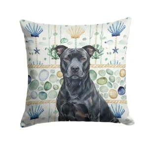 Black American Staffordshire Terrier Coastal Sea Glass Throw Pillow Decorative Indoor Outdoor Accent Cushion for Couch, Bed or Patio, 14Hx14W
