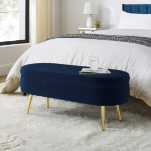 Ottoman Oval Storage Bench, Flannel With Metal Legs-Dark Blue 43.5 X16 X16