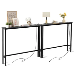 2 Pack 39.4" Narrow Console Sofa Table with Power Outlets and USB Ports, Long Couch Table with Metal Frame and Charge Station with 4.9ft Extension Cord, Black