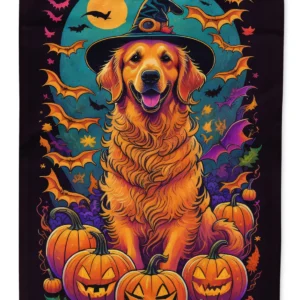 Golden Retriever Witchy Halloween House Flag Large Porch Sleeve Pole Decorative Outside Yard Banner Artwork Wall Hanging, Polyester, House Size, Multicolor