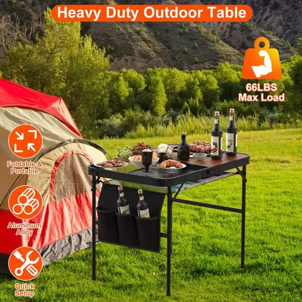 Foldable Camping Table Collapsible Picnic Aluminum Alloy Grill Stand 66LBS Max Load Height Adjustable BBQ Table with Adjustable Height Storage Net 35.43x23.62x26in