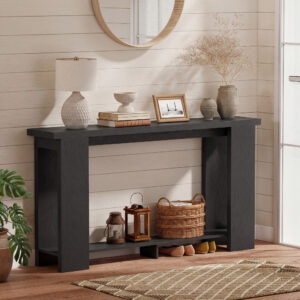Farmhouse Console Table, 63" Narrow Entryway Table with Thickened Tabletop for Living Room, Hallway, Distressed Black