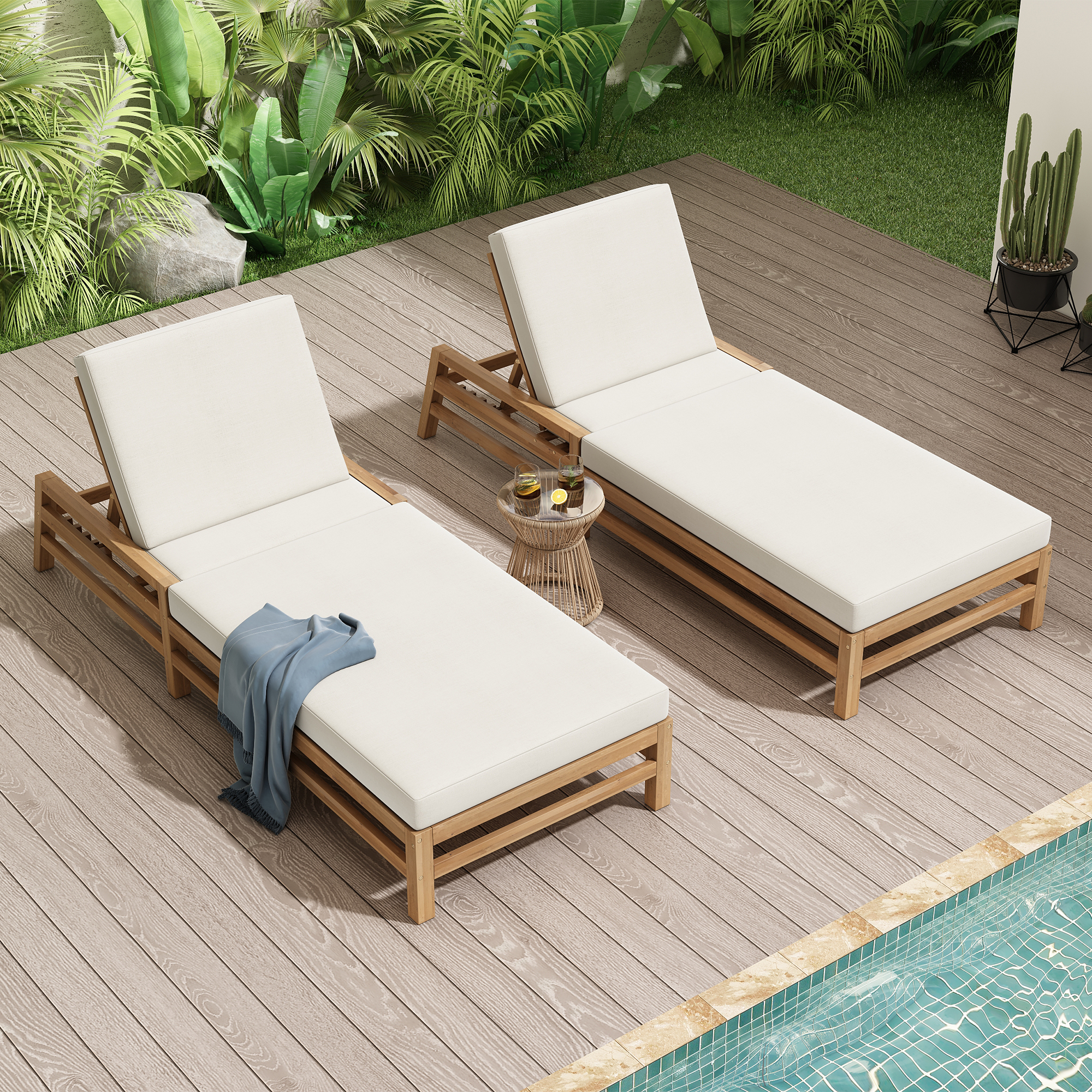 TREXM 5-Position Adjustable Outdoor Chaise Lounge Set Of 2 Solid Wood Patio Recliner Chair With Thick Cushions Weather-Resistant For Pool Balcony & Garden Light Teak