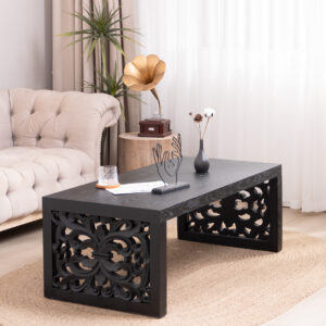 47.2 Solid Black Carved Wood Coffee Table - Handcrafted Look With Ornate Side Panels
