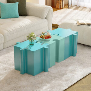 3-Piece Artistic Puzzle Table Set,Modular MGO Side Tables With Interlocking Design 2 Convex & 1 Concave , 200lb Capacity For Indoor & Outdoor,Light Blue & Light Green Color
