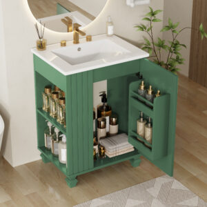 24 Bathroom Vanity With Sink, Bathroom Cabinet With Door Shelf, Side Open Storage, Solid Wood Frame,Soft Closing Door, Green