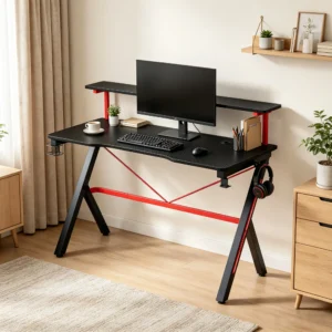 47 Inch Black Gaming Desk with Elevated Monitor Shelf Rotatable Cup Holder And Headphone Hook Racing Computer Workstation for Home Office