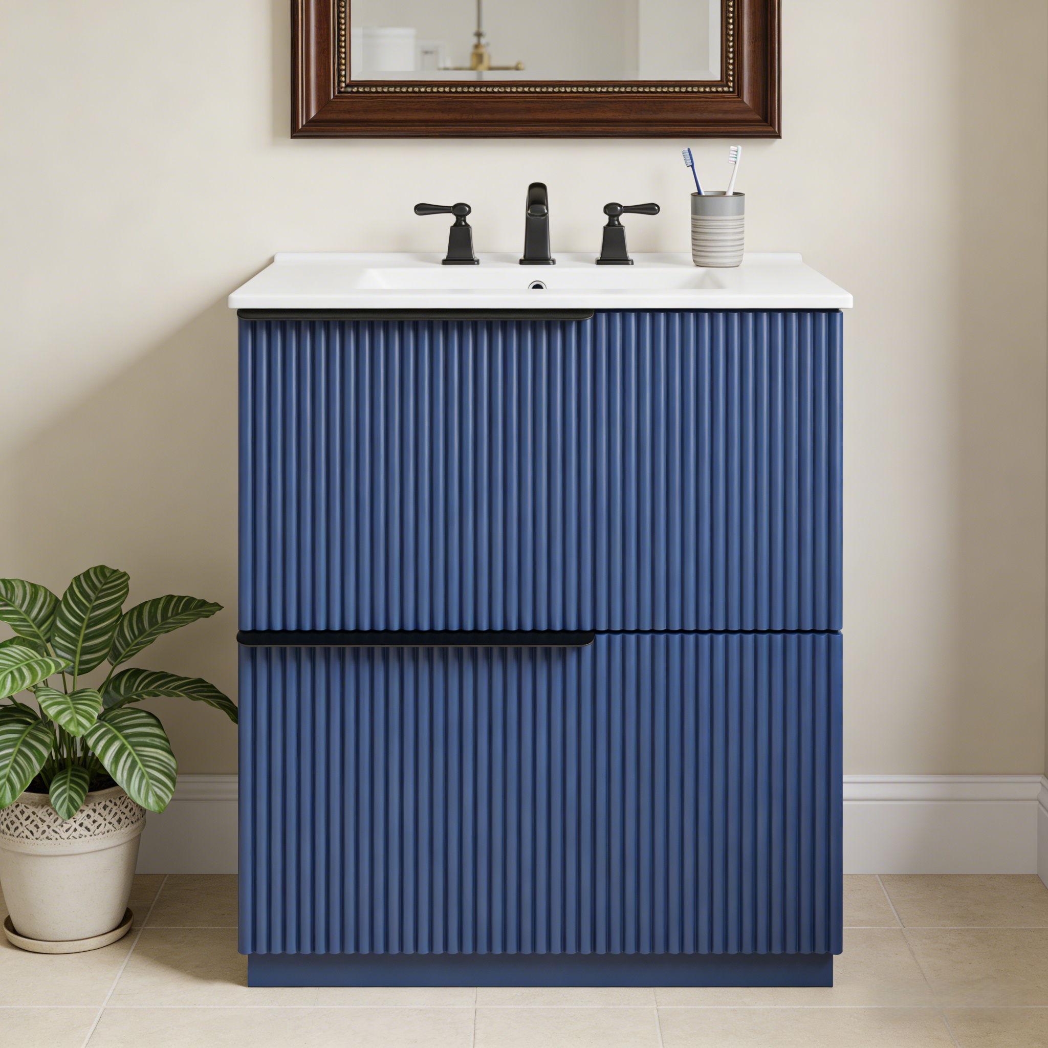 30 Bathroom Vanity With Ceramic Sink And Full-Extension Drawers, Freestanding Bathroom Vanity With Soft Close Drawer Slides, Fluted Design, Blue