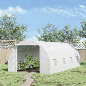 20 x 10 x 7 Walk-In Tunnel Greenhouse with Zippered Door & 8 Mesh Windows, Large Garden Green House Kit, Galvanized Steel Frame, White