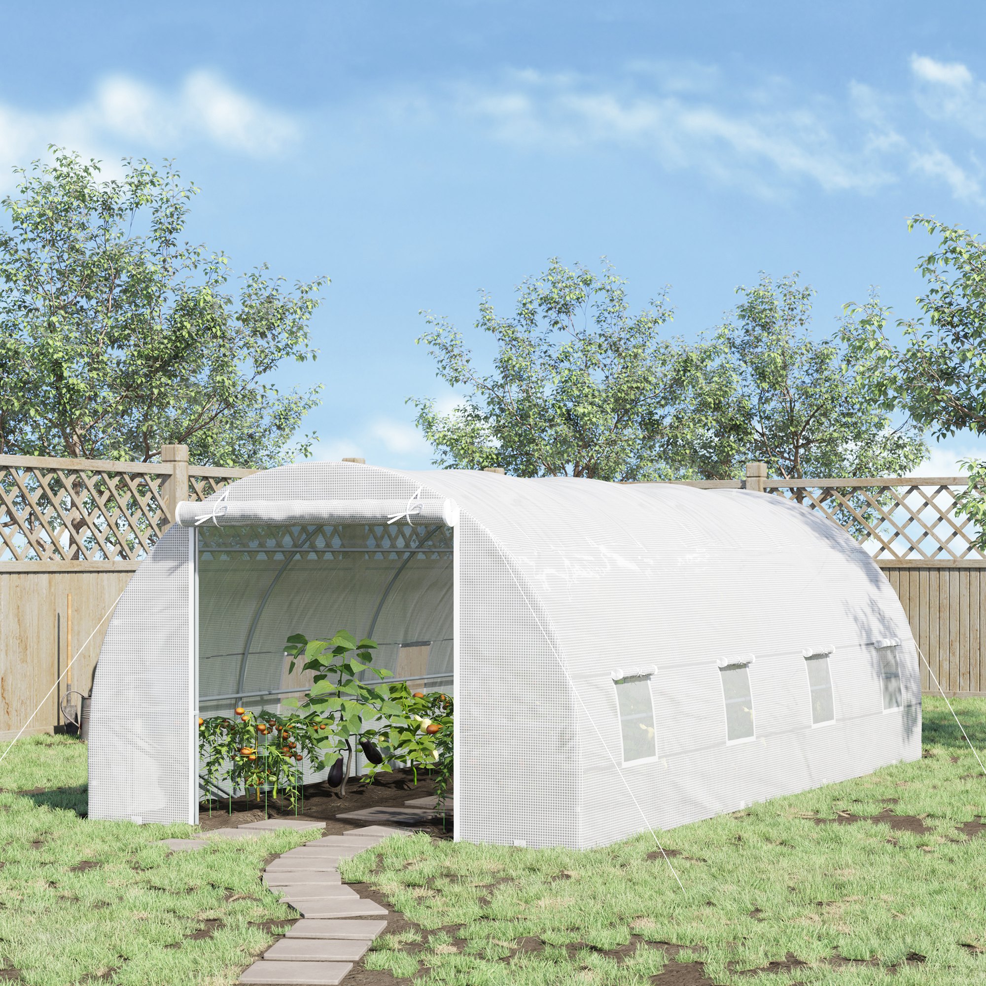 20 x 10 x 7 Walk-In Tunnel Greenhouse with Zippered Door & 8 Mesh Windows, Large Garden Green House Kit, Galvanized Steel Frame, White
