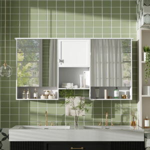 55 Inch Wall-Mount 3-in-1 Mirror Cabinet With Adjustable Shelf, Soft-Closing Hinges, High-Quality MDF, For Bathroom Vanity, Living Room, Bedroom Storage Organizer