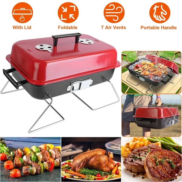 Portable Charcoal Grill Outdoor Tabletop Grill Small Barbecue Smoker Folding BBQ Grill With Lid For Back-yard Camping Picnics Beach