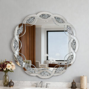 Silver Crush Diamond Round Wall Mirror, 31.5 Inch Wave Frame Decorative Mirror For Living Room, Bathroom, Bedroom, Hallway, Heavy Duty Frame With 2 Hangers