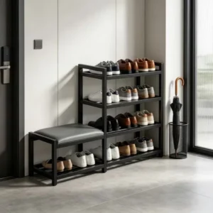 4-Tier Shoe Rack with Cushion,Heavy Duty Carbon Steel Frame, Anti-Slip Feet, Space-SavingStorageOrganizer Shelf for Entryway, Living Room, Bedroom,Black