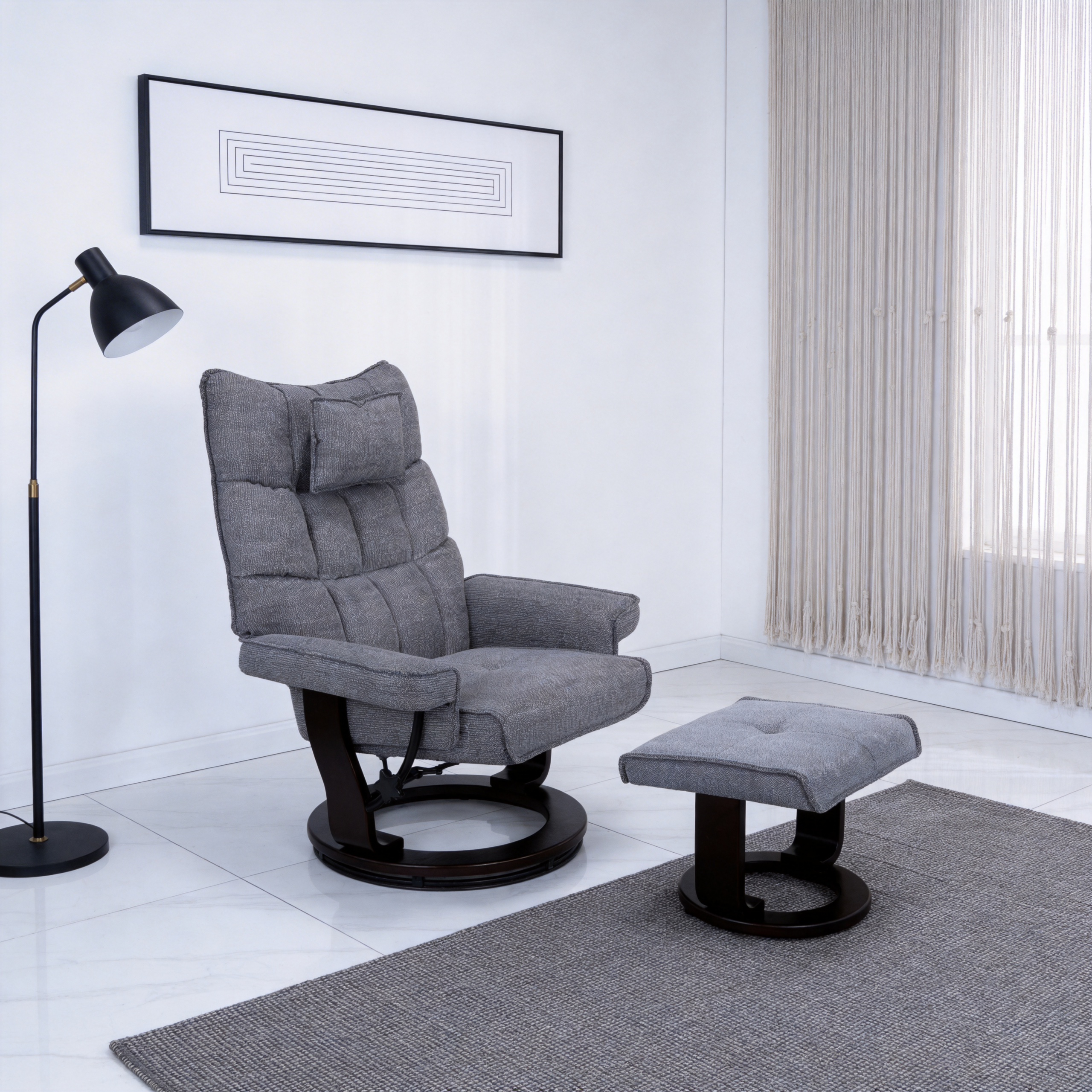 8-Point Massage Recliner with Ottoman, Heated Chenille Fabric Reclining Chair, Bent Wood Base, Indoor Lounge TV Chair with Footrest for Living Room and Bedroom, Grey