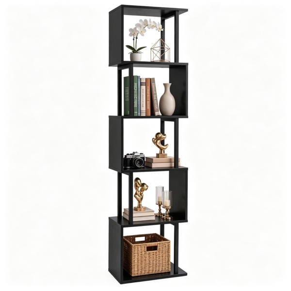 5-Tier S-Shaped Bookshelf, Modern Geometric Freestanding Display Shelf With Heavy-Duty Metal Frame, Anti-Tipping Vertical Storage Bookcase For Living Room Bedroom Office - Black