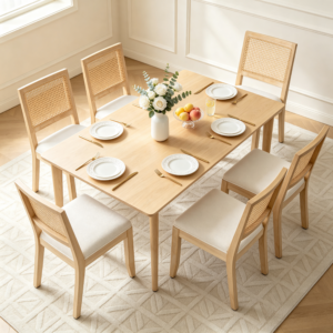 Farmhouse Rattan Dining Chairs Set of 2, Mid Century Modern Kitchen & Dining Room Chairs, Cane Low Back, with Natural Solid Wood Frame, Beige