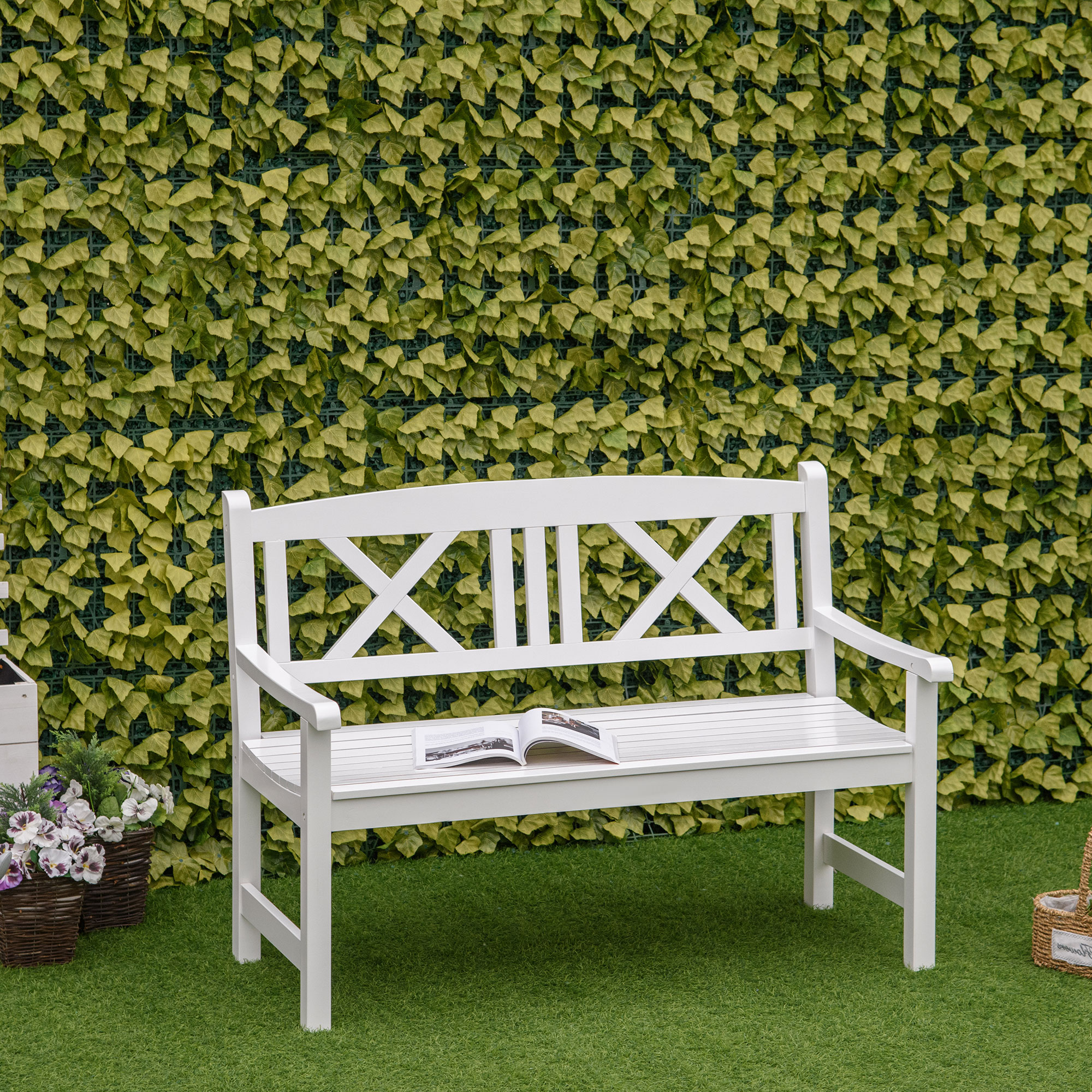2-Seater Wooden Garden Bench, 4FT Outdoor Patio Loveseat with Unique X-Shape Back for Yard, Lawn, Porch, White