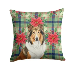 Sable Collie Christmas PoinsettIas Throw Pillow Decorative Indoor Outdoor Accent Cushion for Couch, Bed or Patio, 18Hx18W