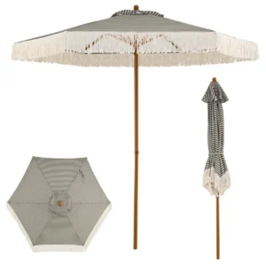 7 Ft Boho Fringe Patio Umbrella with Striped Canopy, Wind Vent Aluminum Pole Outdoor Beach Umbrella with Cotton Tassels - Green