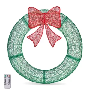 36in Pre-lit Outdoor Christmas Wreath Decoration, Lighted Metal Wreath with Red Bow, Remote Control LED Lights with Timer, for Front Door Gate Wall Indoor Outdoor Holiday Party