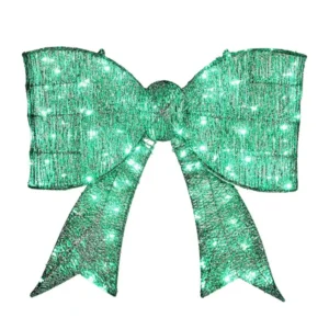 Pre-lit Outdoor Giant Bowknot Christmas Decoration, Lighted Metal Frame With 124 Green LED Lights, For Front Door Gate Wall Indoor Outdoor Holiday Party, Green