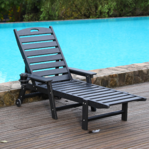 HDPE Chaise Lounge Chair Outdoor, Pool Lounge Chairs With 4-Position Adjustable Backrest, Supports Up To 400 LBS For Patio Poolside Deck Beach Black