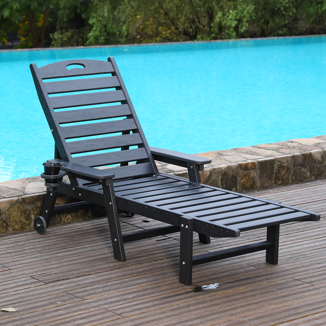 HDPE Chaise Lounge Chair Outdoor, Pool Lounge Chairs With 4-Position Adjustable Backrest, Supports Up To 400 LBS For Patio Poolside Deck Beach Black