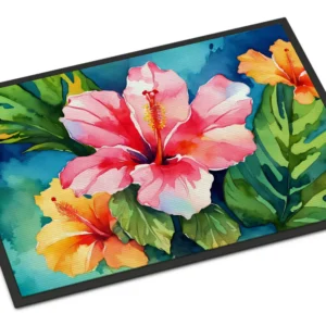 Hawaii Hawaiian Hibiscus in Watercolor Doormat Front Door Mat Indoor Outdoor Rugs for Entryway, Non Slip Washable Low Pile, 24H X 36W