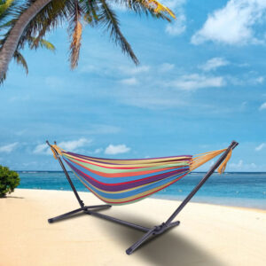 9ft Small Colorful Stripes, Black Background, Silver Flower Frame, 2x1.5m Polyester-cotton Hammock, Iron Hammock Set, 330.00 Lbs