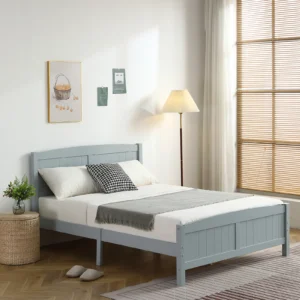Full Single Bed Frame Vertical Striped Decorative Curved Headboard and Footboard Bed Frame Painted + Melamine Veneer & Pine + MDF Wood Bed 77.8*56.54*37.8in Grey