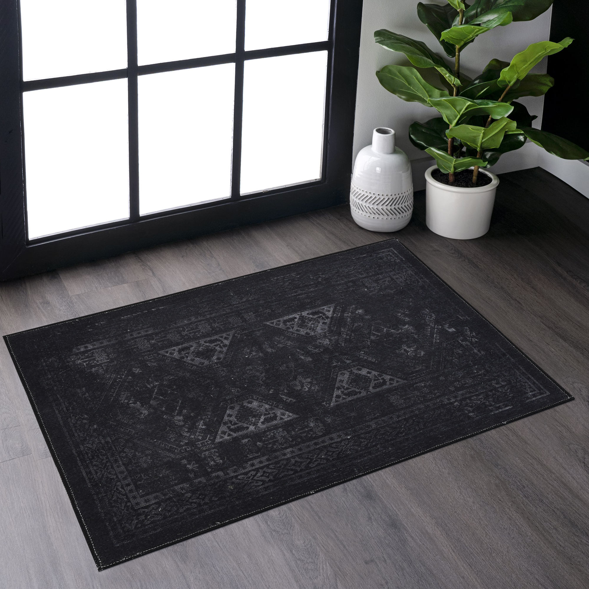 MAVAL Black Washable Rug 2' X 3' Doormat Rug Black Gray, 2' X 3'