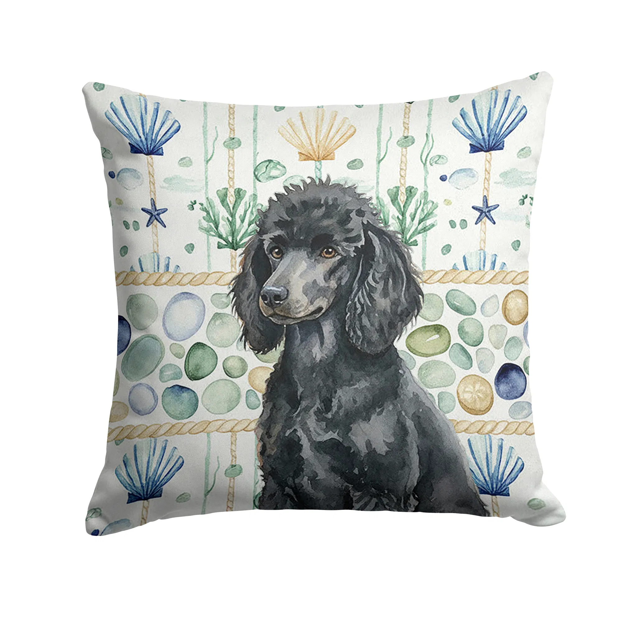 Standard Black Poodle Coastal Sea Glass Throw Pillow Decorative Indoor Outdoor Accent Cushion for Couch, Bed or Patio, 18Hx18W