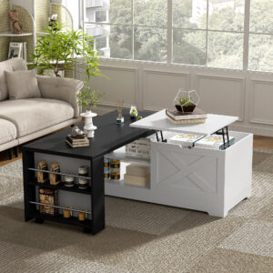 U-Can Farmhouse Lift Top Coffee Table With Barn Doors, Wood Rectangle Center Table With Large Hidden Storage Space And Open Cabinet, For Living Room, Bedroom, Home Office