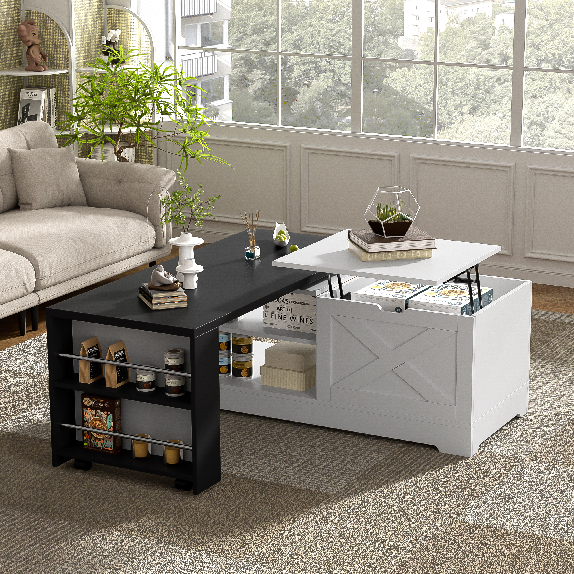 U-Can Farmhouse Lift Top Coffee Table With Barn Doors, Wood Rectangle Center Table With Large Hidden Storage Space And Open Cabinet, For Living Room, Bedroom, Home Office
