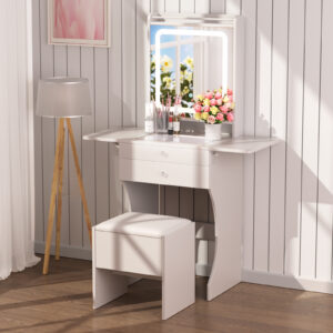 Vanity Set For Small Bedrooms - Small Space Makeup Vanity With Stool, Compartmentalized Drawers & 20cm Foldable Side Tables Left And Right